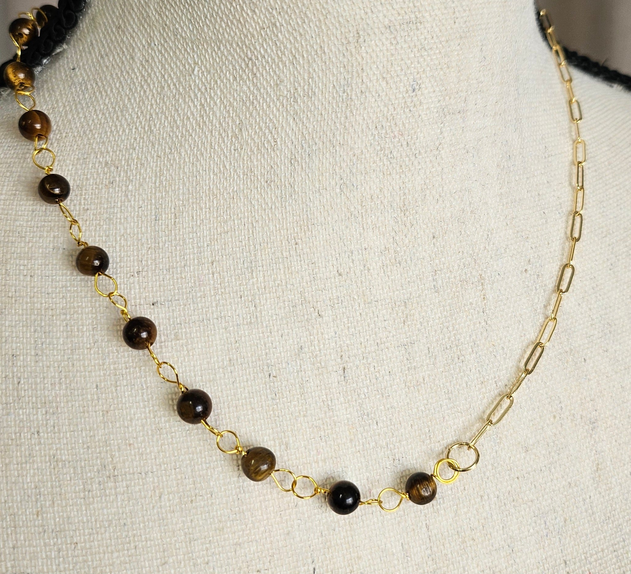 Tiger eye beads Necklace with yellow gold stainless steel chain 17.5" in length
